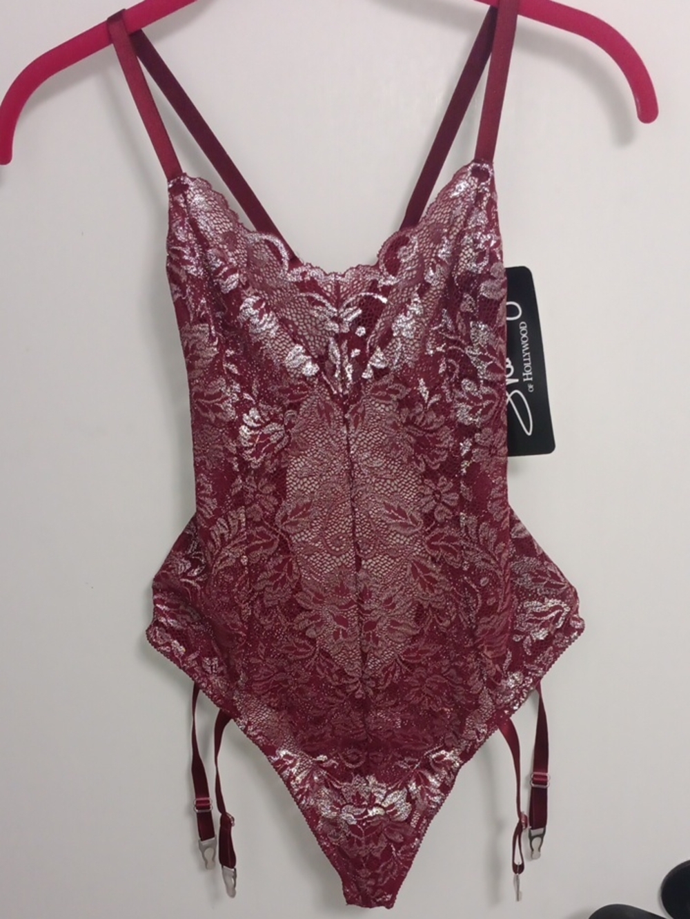 Shirley of Hollywood Metallic Burgundy Lace Bodysuit with Garter Straps